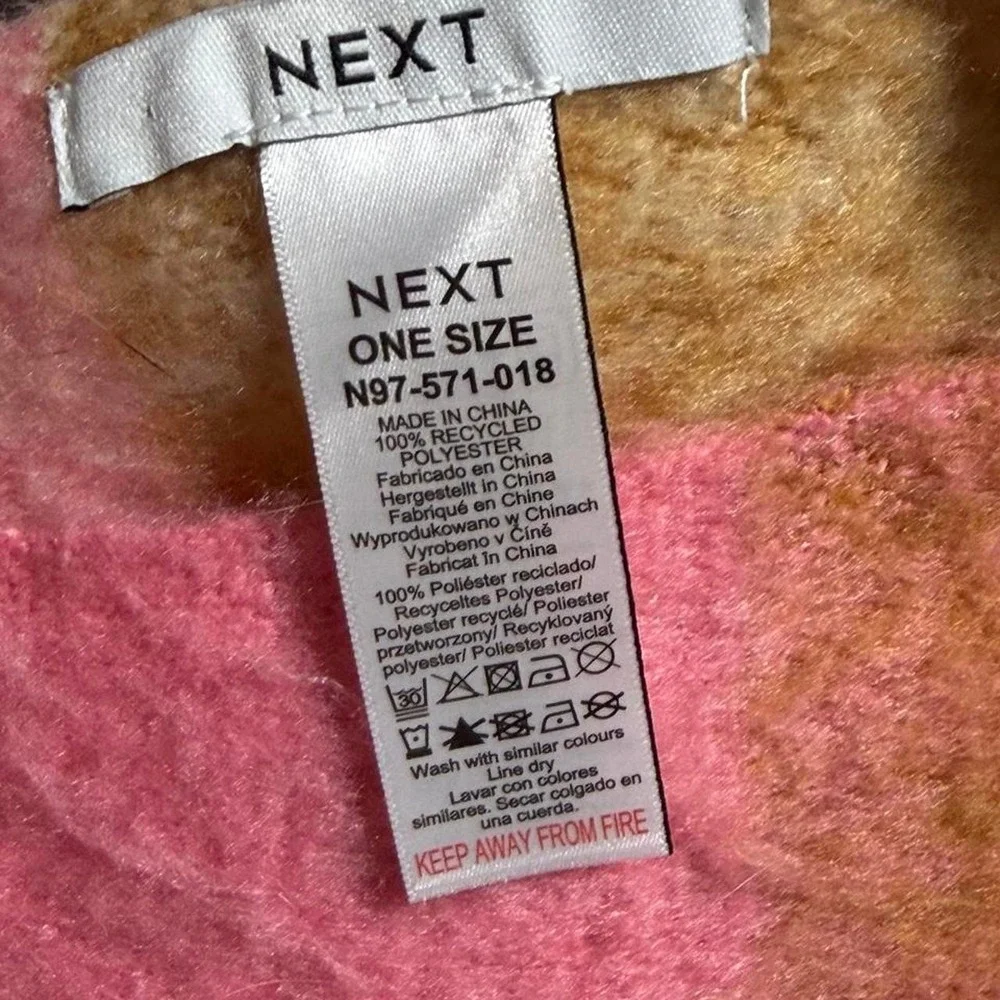 Next Pink Brown Plaid Blanket Scarf Oversized Fuzzy Knit Fringe